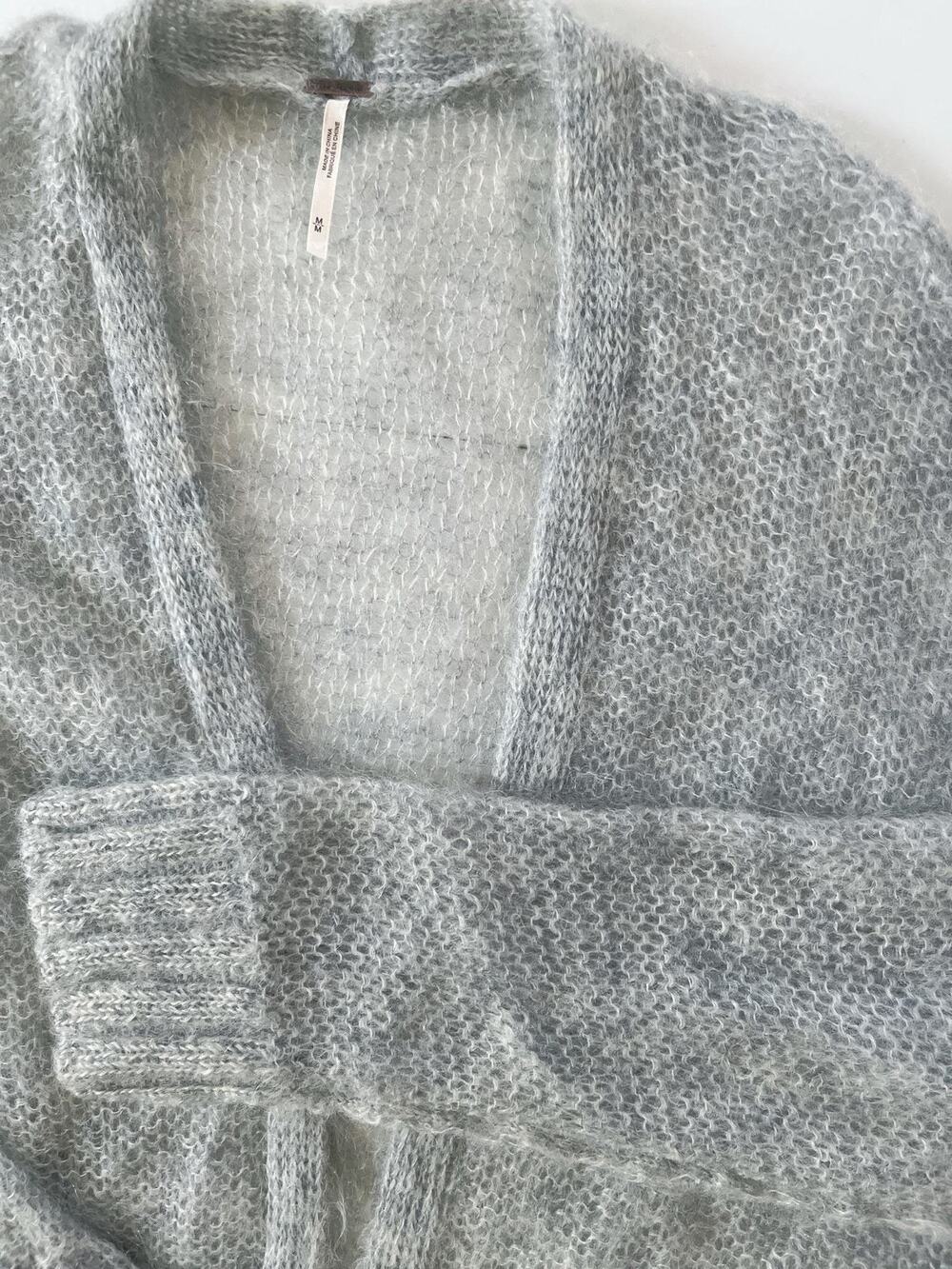 Free People Cardigan Sweater Women M Gray Fuzzy Mohair Open Knit Long Pockets